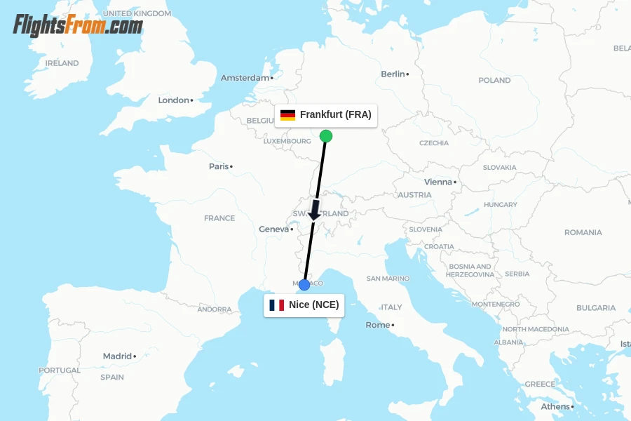Flights from Frankfurt to Nice route map