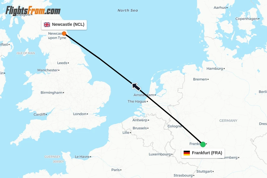 Flights from Frankfurt to Newcastle route map