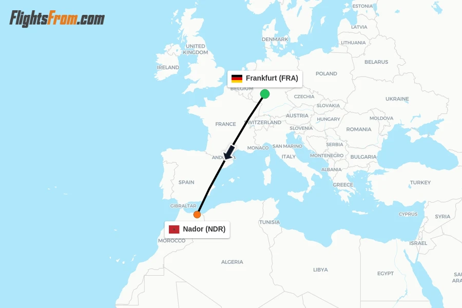 Flights from Frankfurt to Nador route map