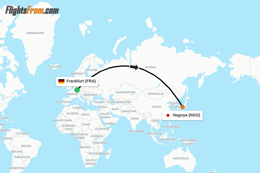 Flights from Frankfurt to Nagoya route map
