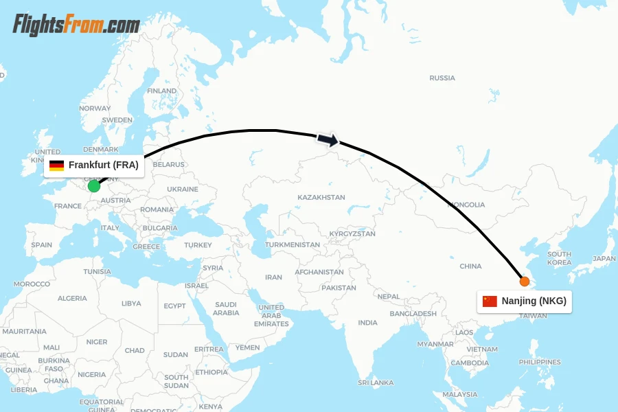 Flights from Frankfurt to Nanjing route map
