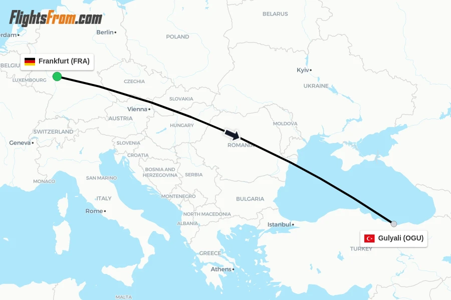 Flights from Frankfurt to Gulyali route map