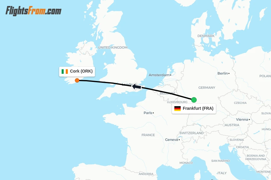 Flights from Frankfurt to Cork route map