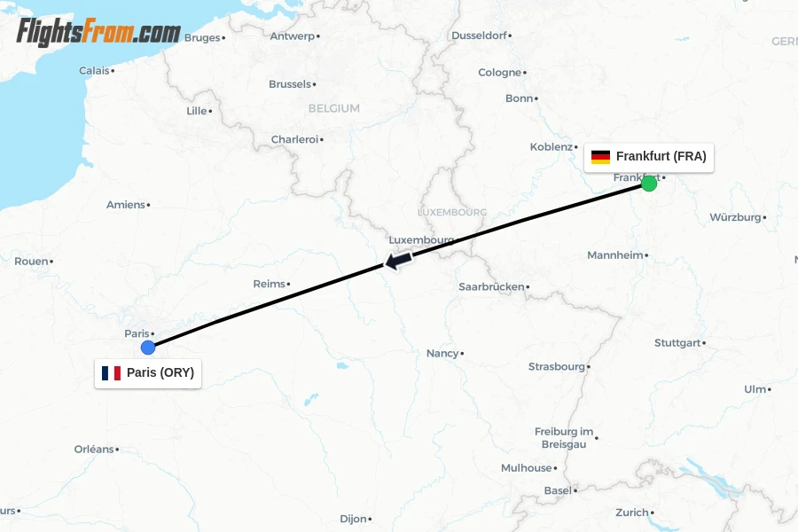 Flights from Frankfurt to Paris route map