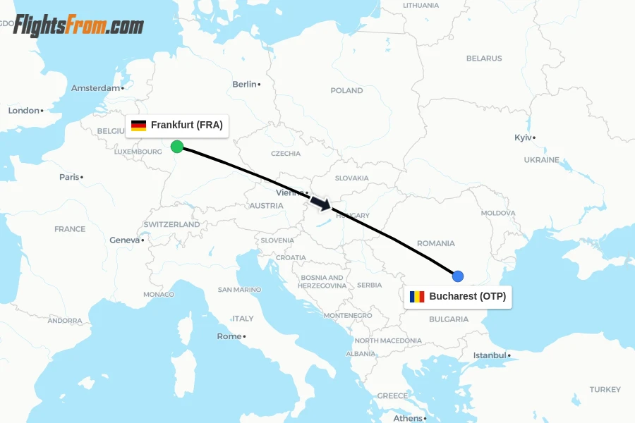 Flights from Frankfurt to Bucharest route map