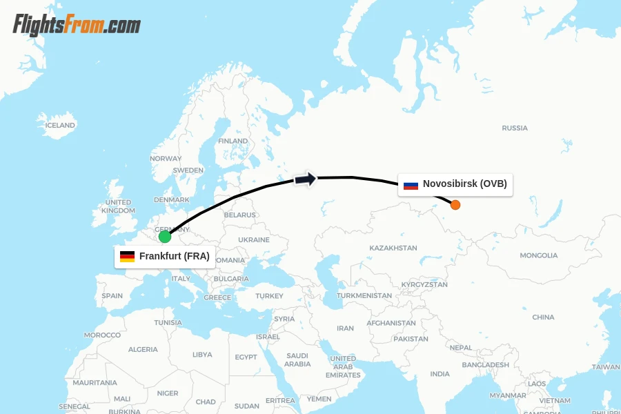 Flights from Frankfurt to Novosibirsk route map