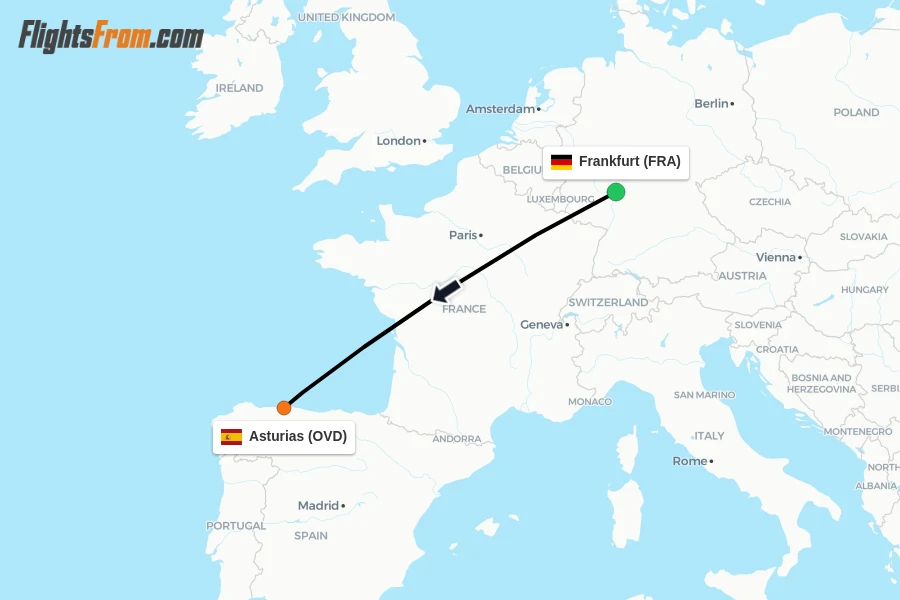 Flights from Frankfurt to Asturias route map