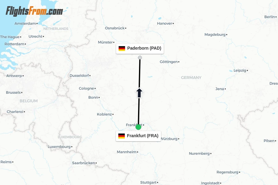 Flights from Frankfurt to Paderborn route map