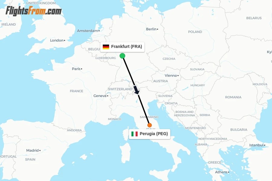 Flights from Frankfurt to Perugia route map