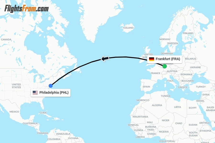 Flights from Frankfurt to Philadelphia route map