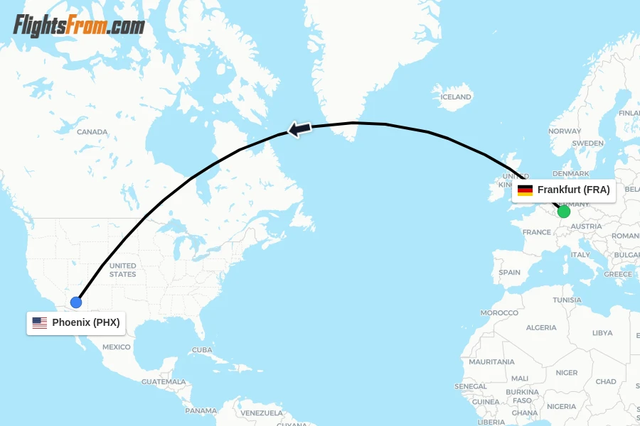 Flights from Frankfurt to Phoenix route map