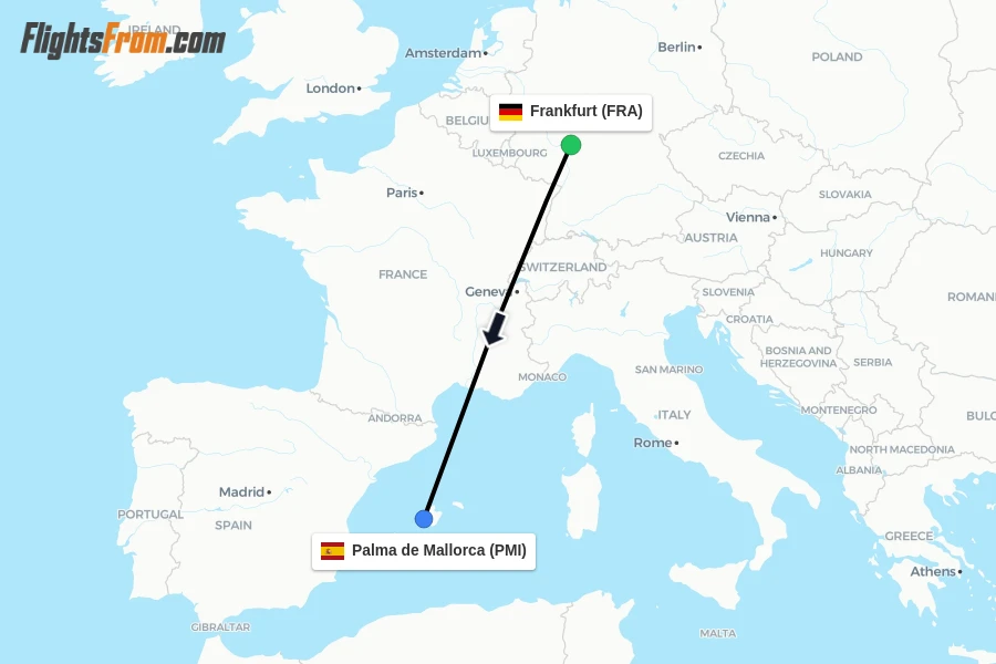 Flights from Frankfurt to Palma de Mallorca route map