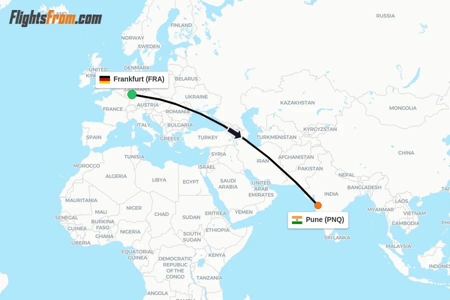 Flights from Frankfurt to Pune route map