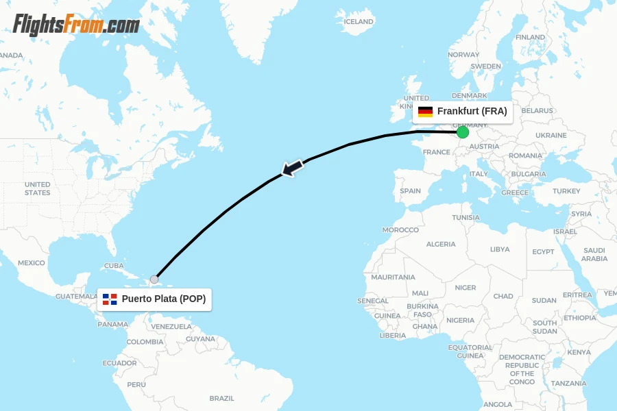 Flights from Frankfurt to Puerto Plata route map