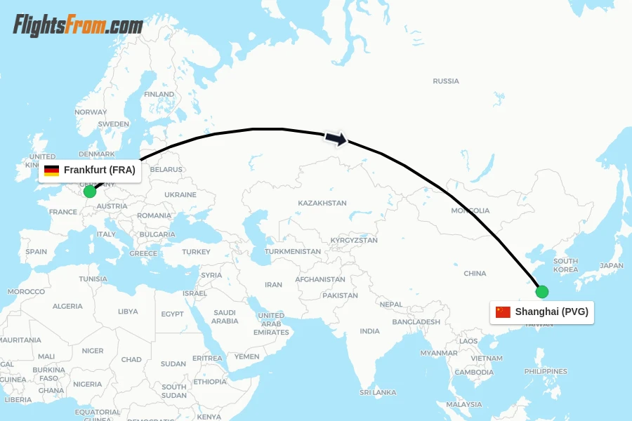 Flights from Frankfurt to Shanghai route map