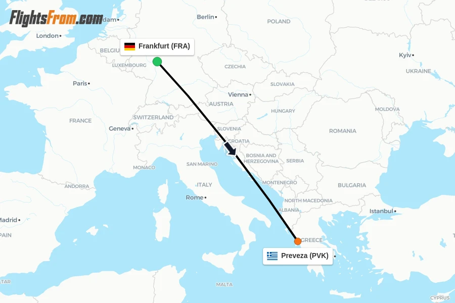 Flights from Frankfurt to Preveza route map