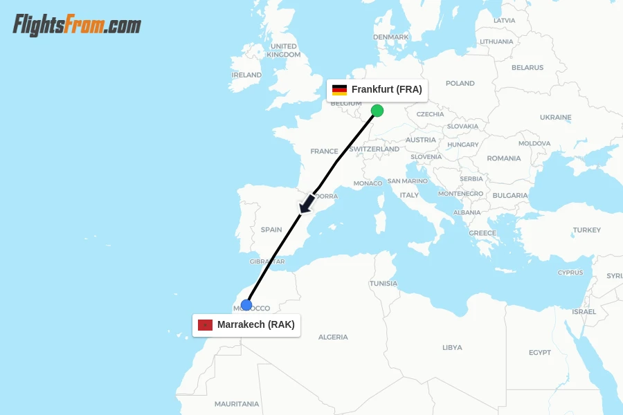 Flights from Frankfurt to Marrakech route map