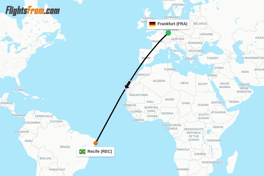 Flights from Frankfurt to Recife route map