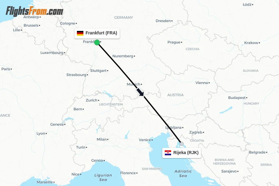 Flights from Frankfurt to Rijeka route map