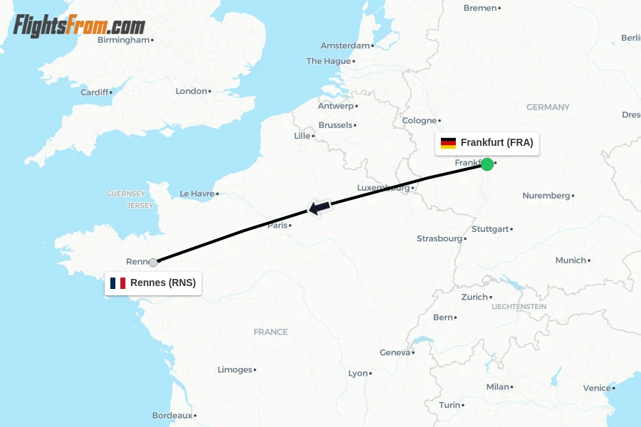 Flights from Frankfurt to Rennes route map