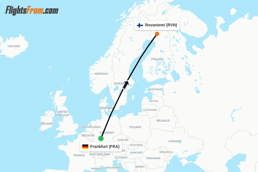 Flights from Frankfurt to Rovaniemi route map
