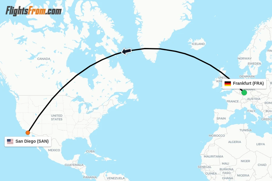 Flights from Frankfurt to San Diego route map