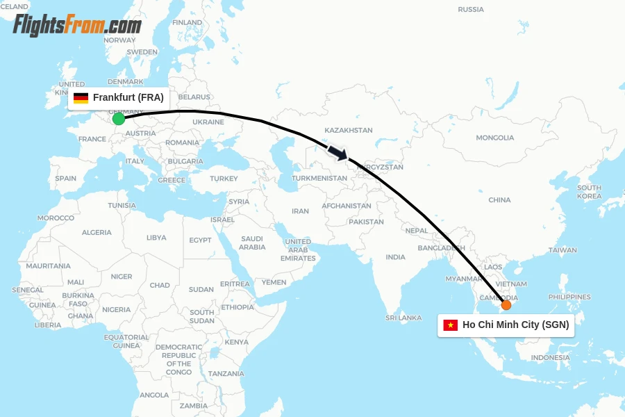 Flights from Frankfurt to Ho Chi Minh City route map