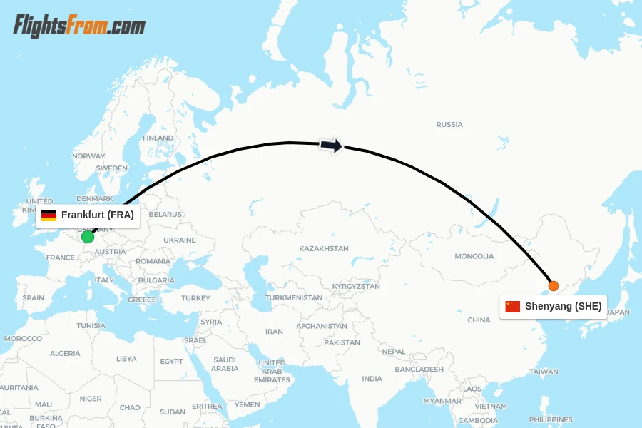 Flights from Frankfurt to Shenyang route map