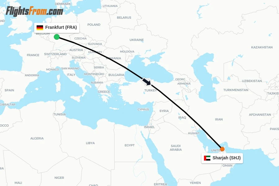 Flights from Frankfurt to Sharjah route map