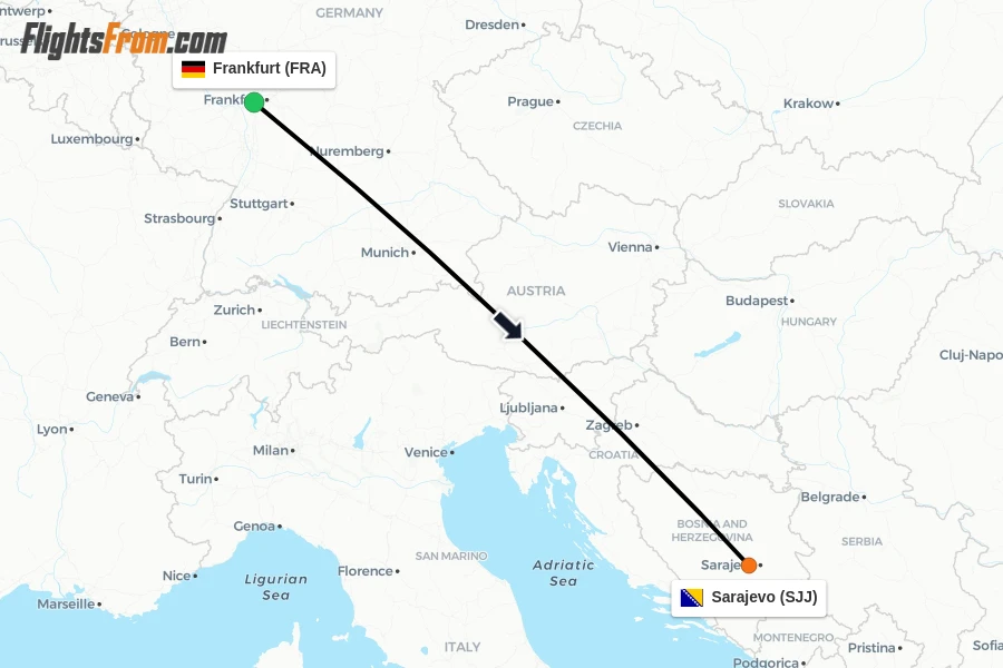 Flights from Frankfurt to Sarajevo route map