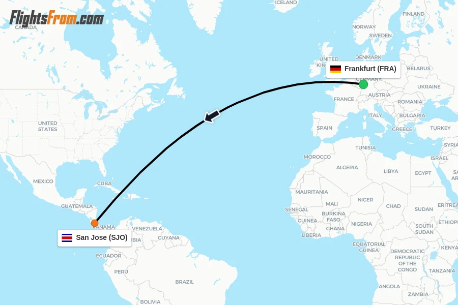 Flights from Frankfurt to San Jose route map