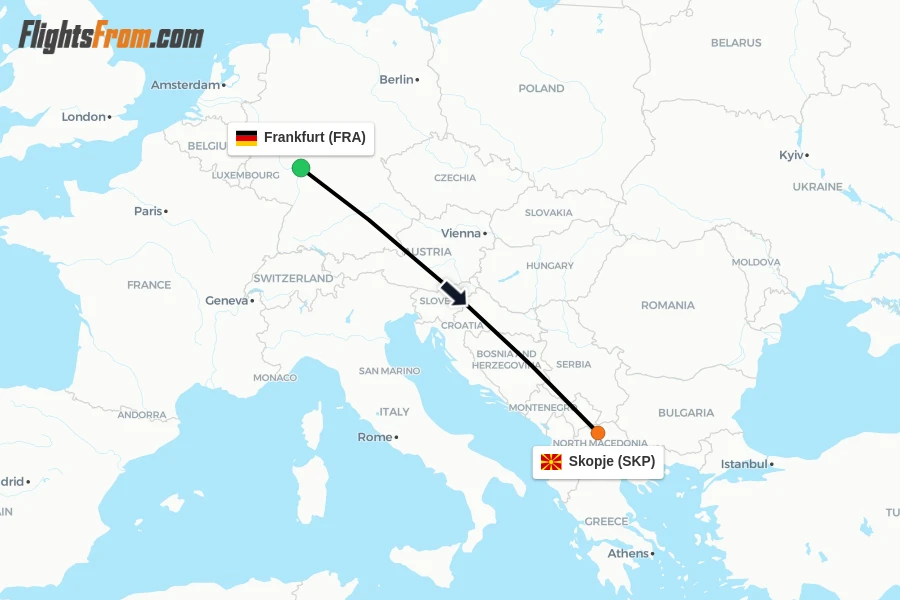 Flights from Frankfurt to Skopje route map