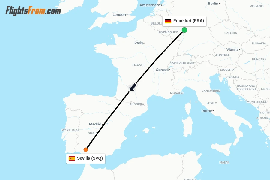 Flights from Frankfurt to Sevilla route map