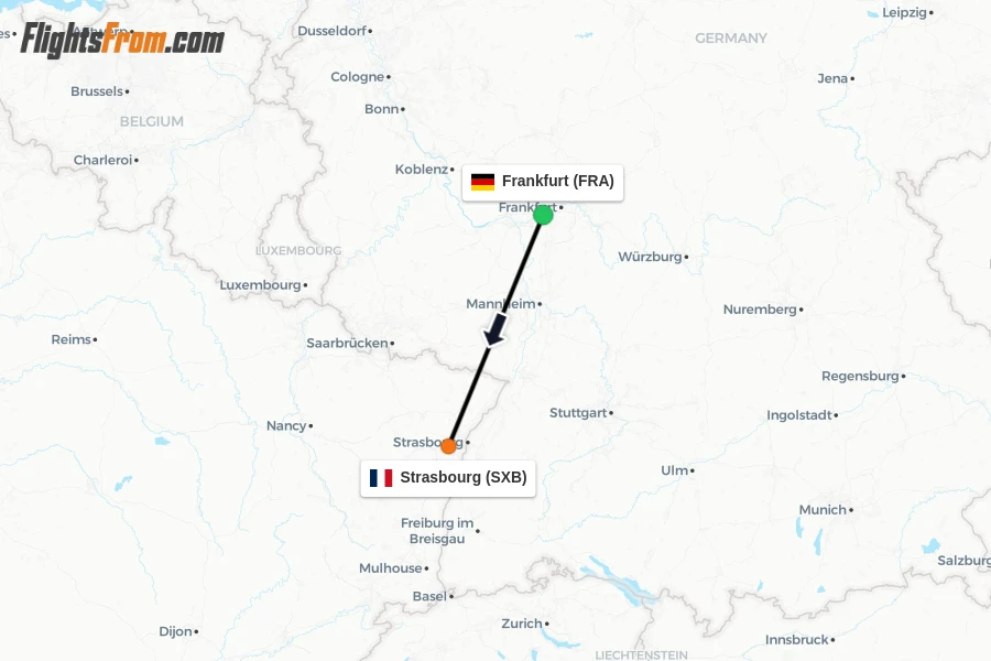 Flights from Frankfurt to Strasbourg route map