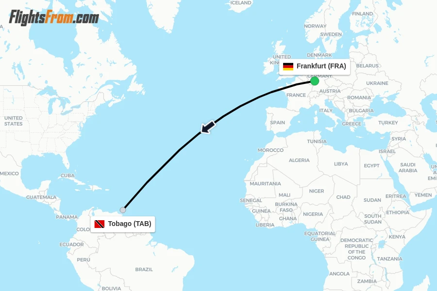 Flights from Frankfurt to Tobago route map