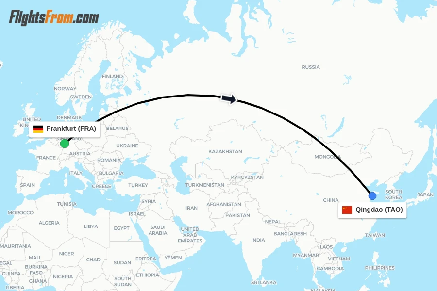 Flights from Frankfurt to Qingdao route map