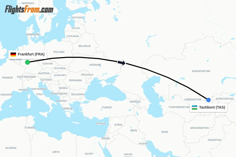 Flights from Frankfurt to Tashkent route map