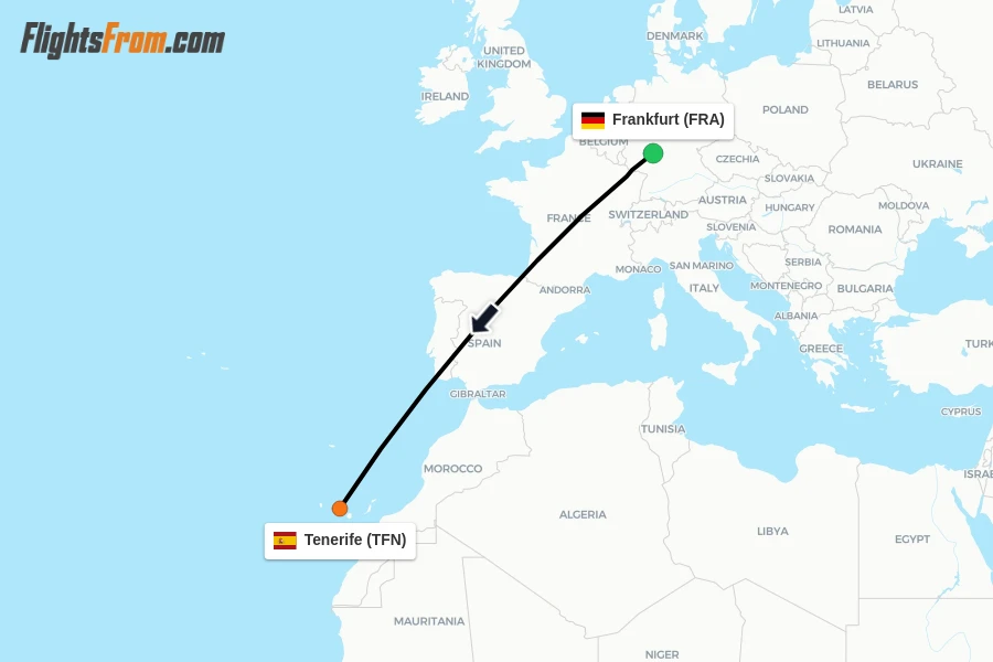 Flights from Frankfurt to Tenerife route map