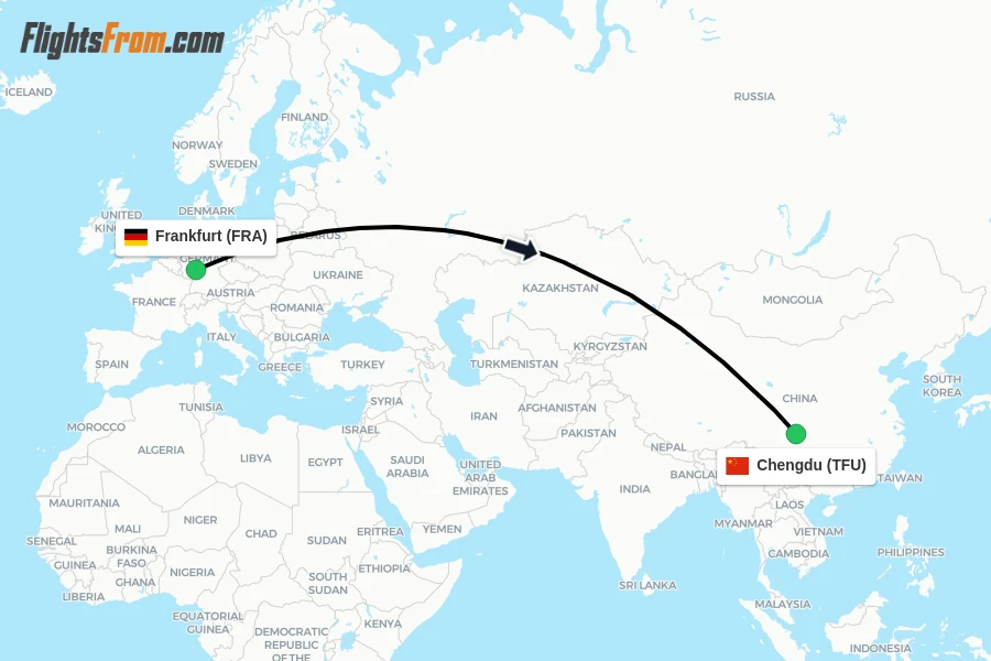 Flights from Frankfurt to Chengdu route map