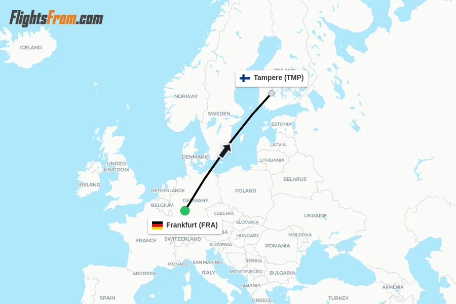 Flights from Frankfurt to Tampere route map