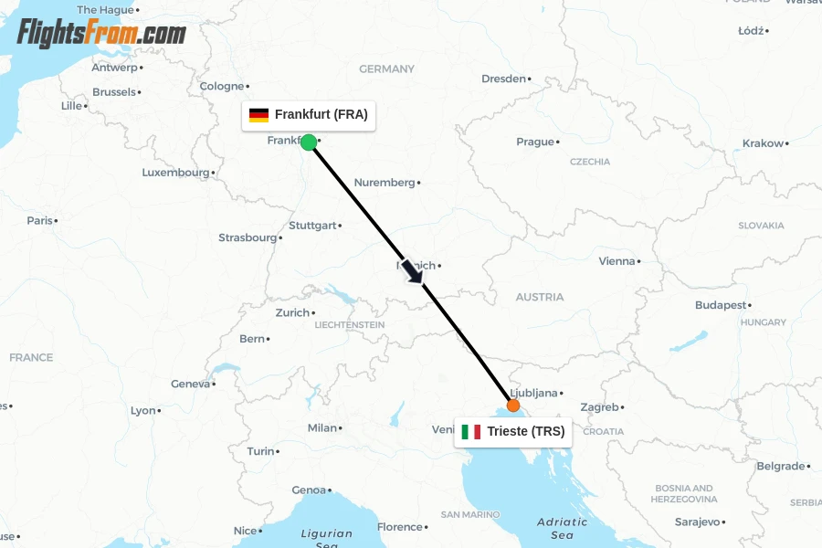 Flights from Frankfurt to Trieste route map