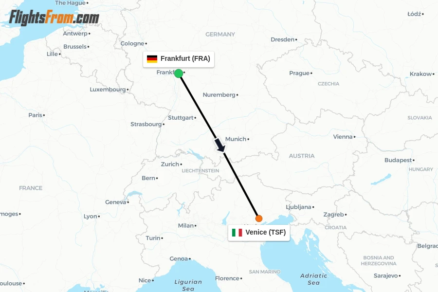 Flights from Frankfurt to Venice route map