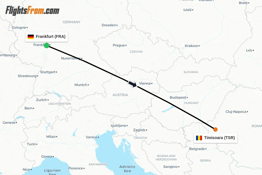 Flights from Frankfurt to Timisoara route map