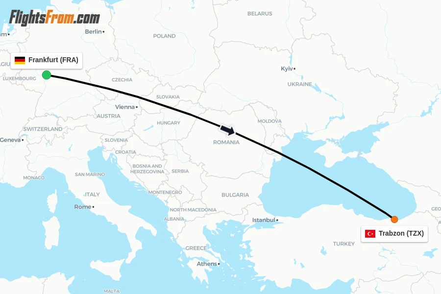 Flights from Frankfurt to Trabzon route map