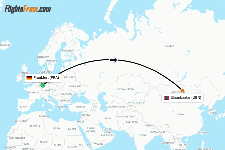 Flights from Frankfurt to Ulaanbaatar route map