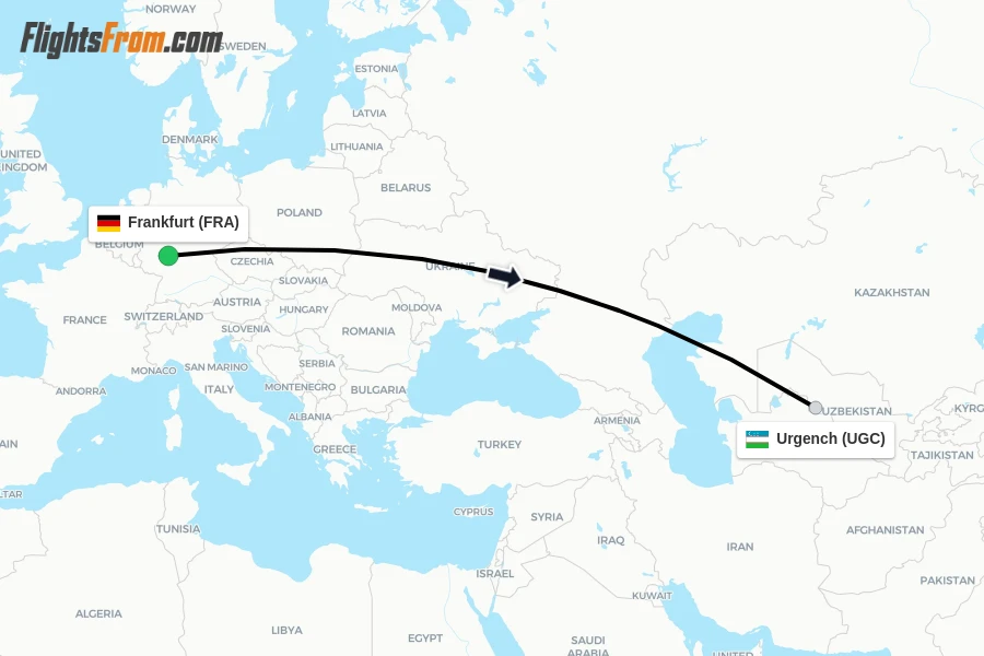 Flights from Frankfurt to Urgench route map