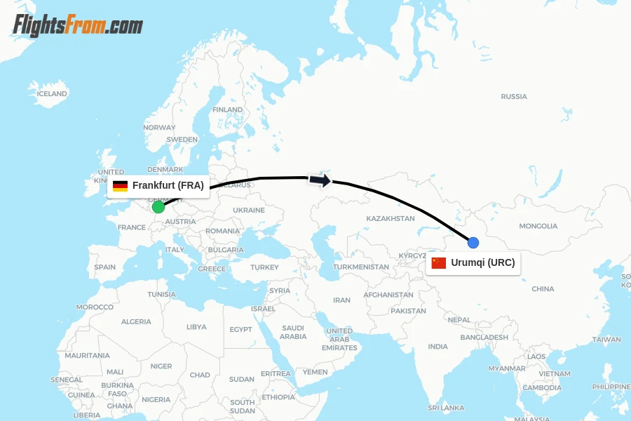Flights from Frankfurt to Urumqi route map