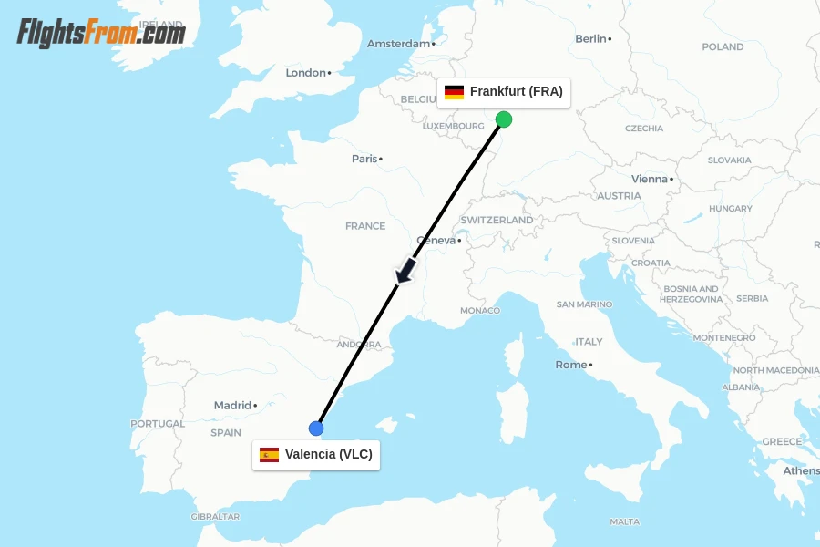 Flights from Frankfurt to Valencia route map