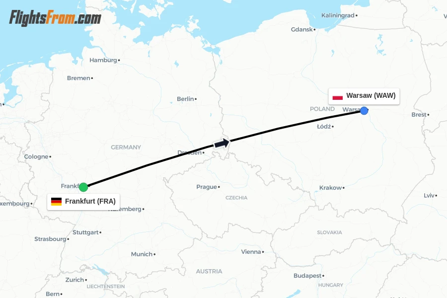 Flights from Frankfurt to Warsaw route map