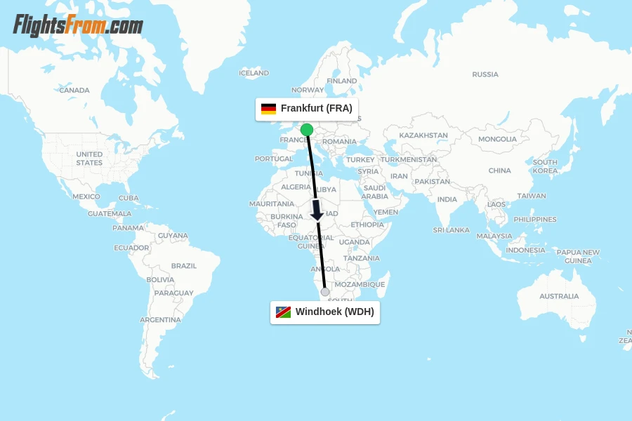 Flights from Frankfurt to Windhoek route map